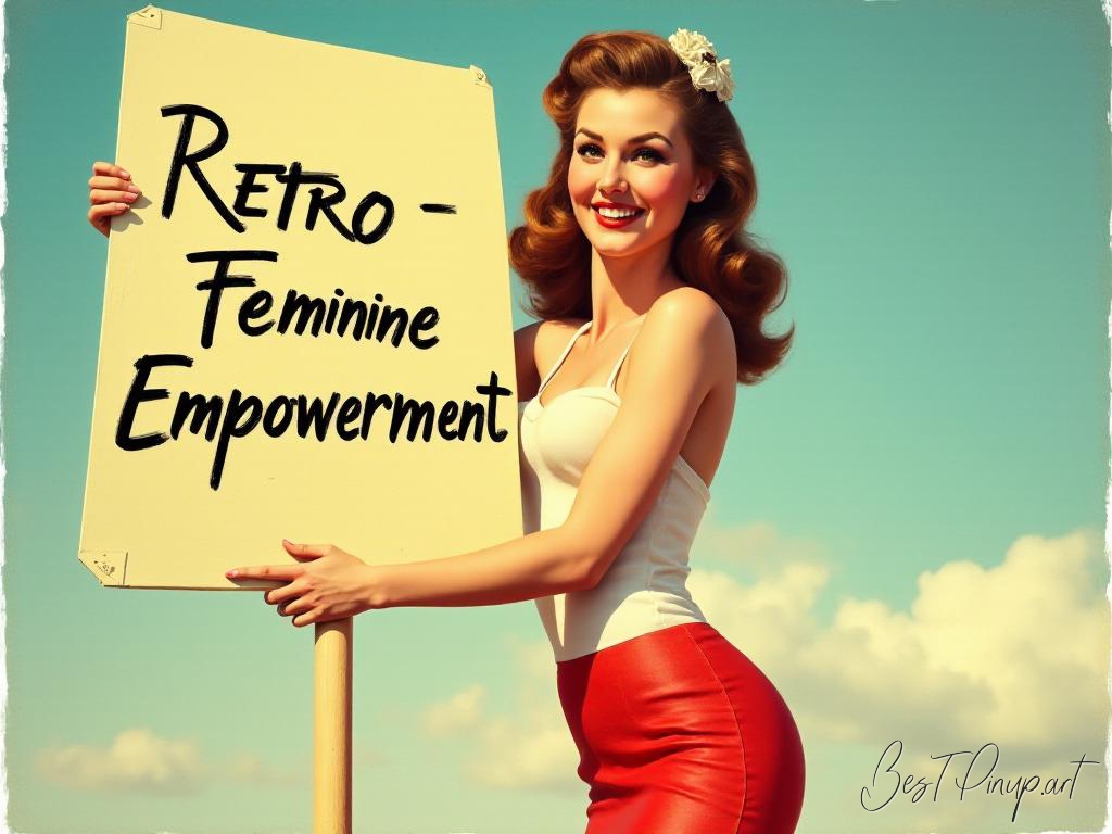 Pin-up girl showcasing a sign with retro feminine empowerment theme