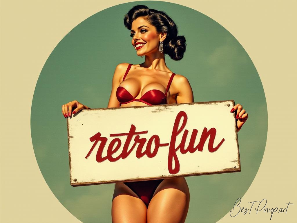 Pin-up girl showcasing a sign with retro fun theme
