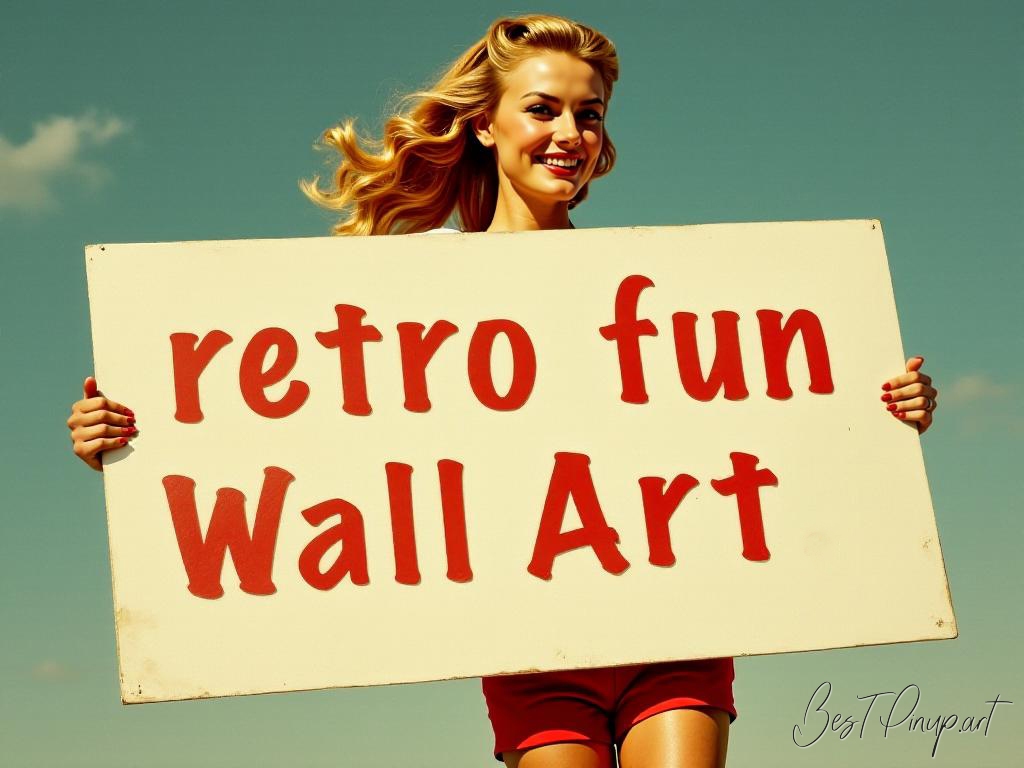Pin-up girl showcasing a sign with retro fun wall art theme
