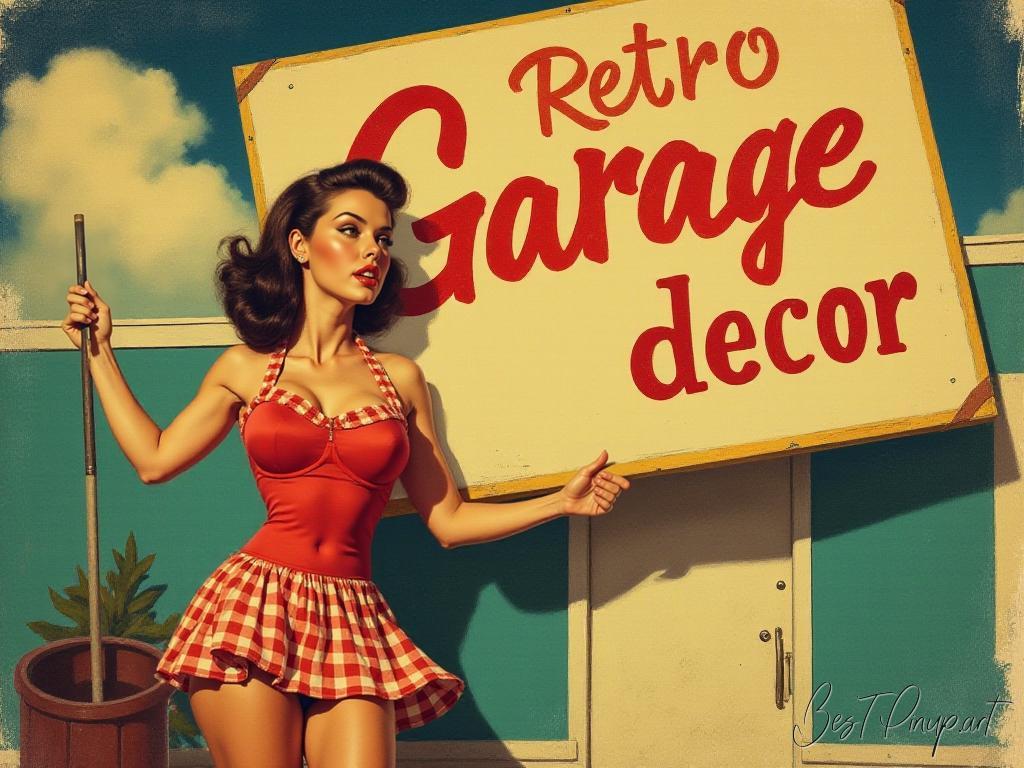 Pin-up girl showcasing a sign with retro garage decor theme