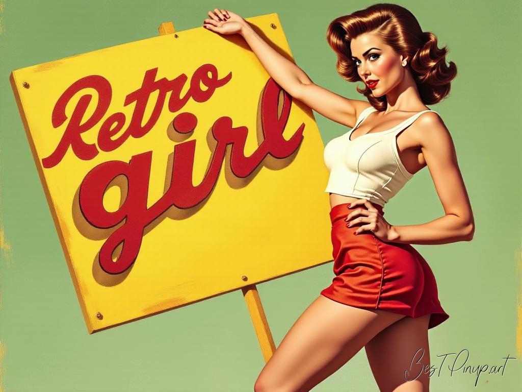 Pin-up girl showcasing a sign with retro girl theme