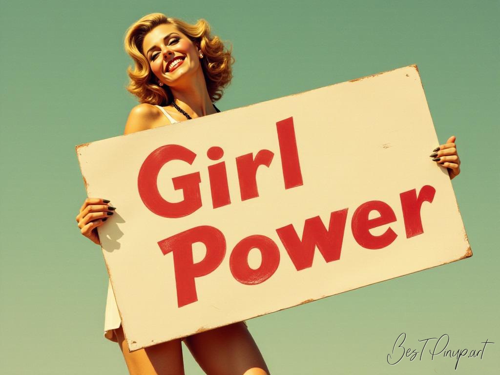 Pin-up girl showcasing a sign with retro girl power theme