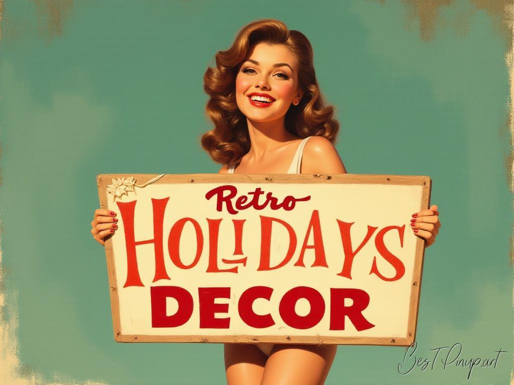 Pin-up girl showcasing a sign with retro holiday decor theme