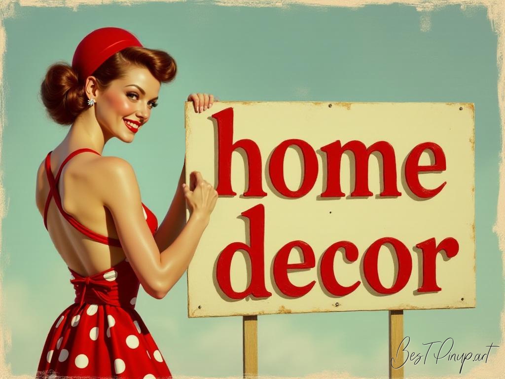 Pin-up girl showcasing a sign with retro home decor theme
