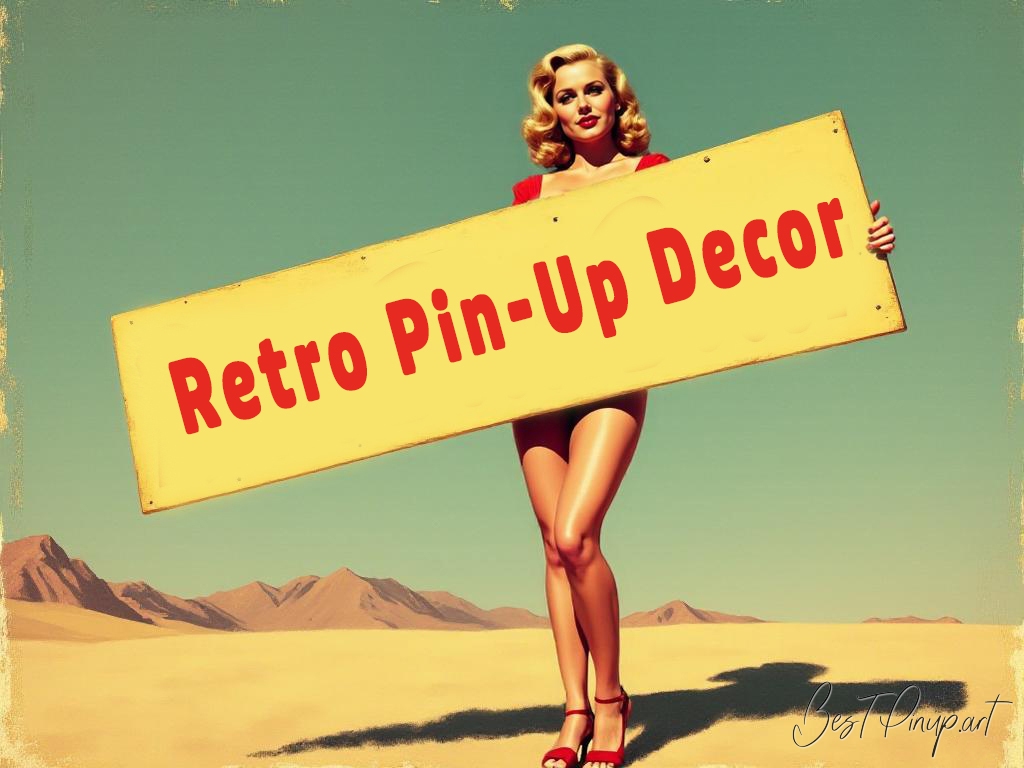 Pin-up girl showcasing a sign with retro pin-up decor theme