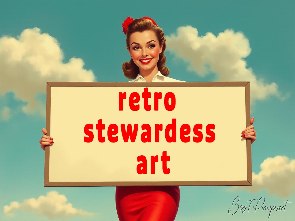 Pin-up girl showcasing a sign with retro stewardess art theme