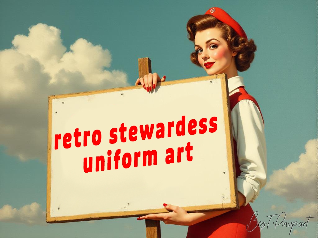 Pin-up girl showcasing a sign with retro stewardess uniform art theme