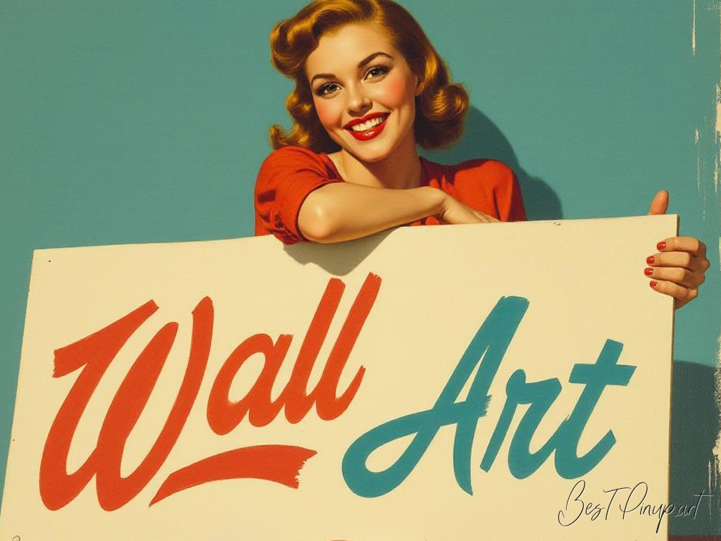 Pin-up girl showcasing a sign with retro wall art theme