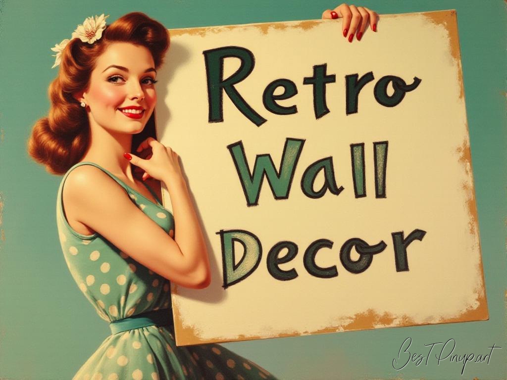 Pin-up girl showcasing a sign with retro wall decor theme