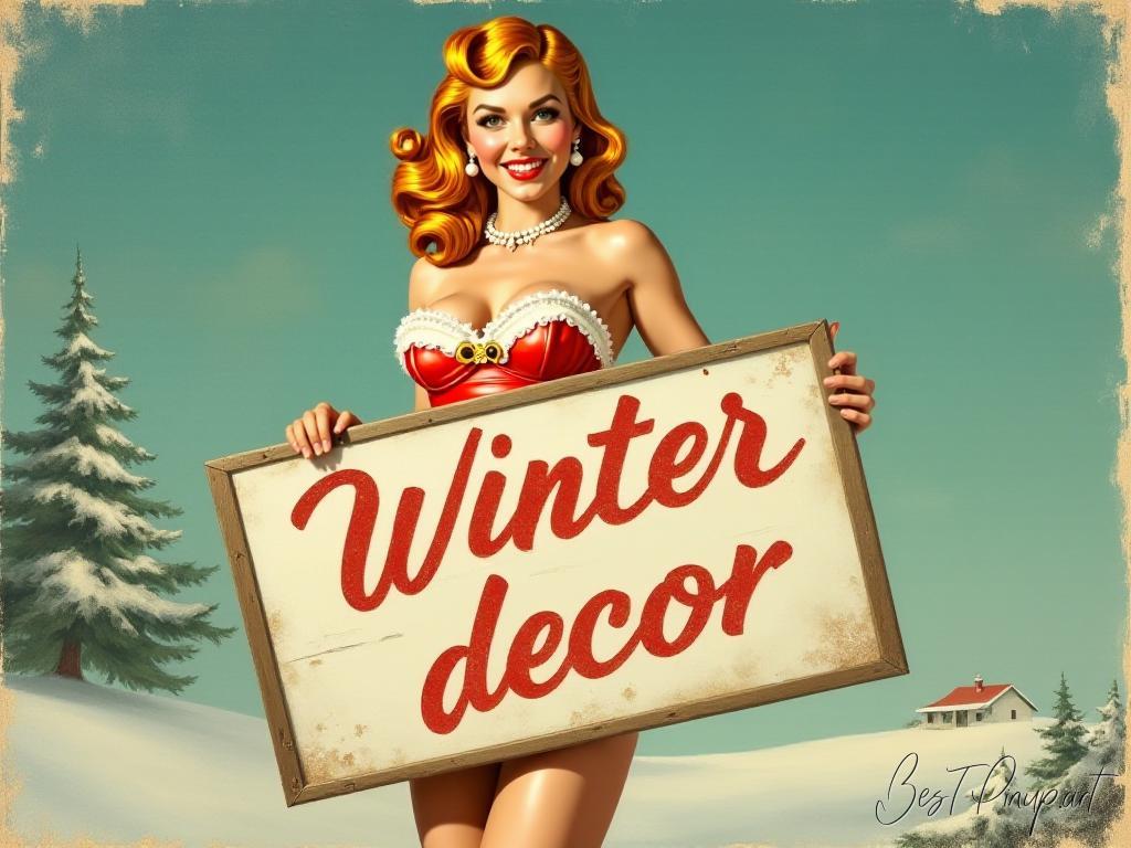 Pin-up girl showcasing a sign with retro winter decor theme