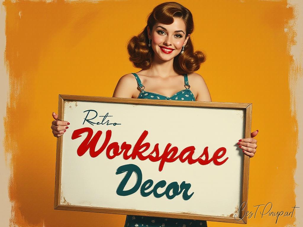 Pin-up girl showcasing a sign with retro workspace decor theme