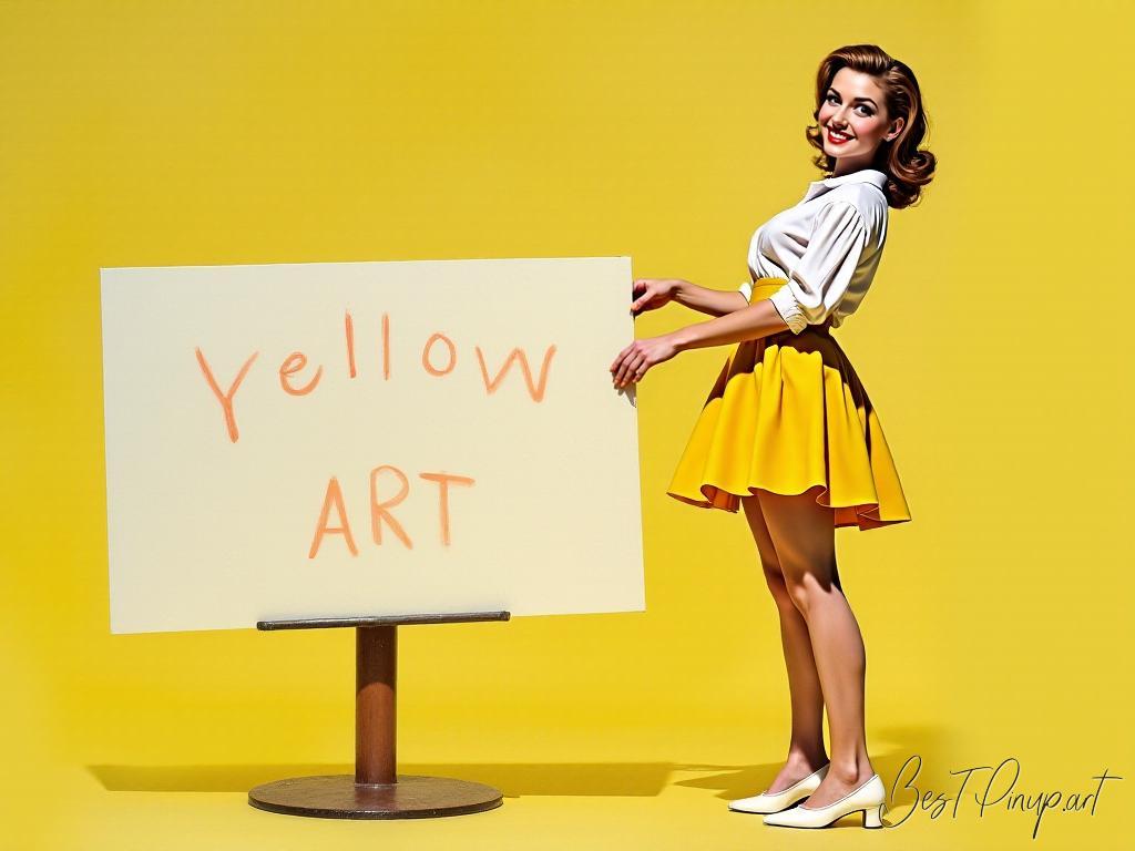 Pin-up girl showcasing a sign with retro yellow dress art theme