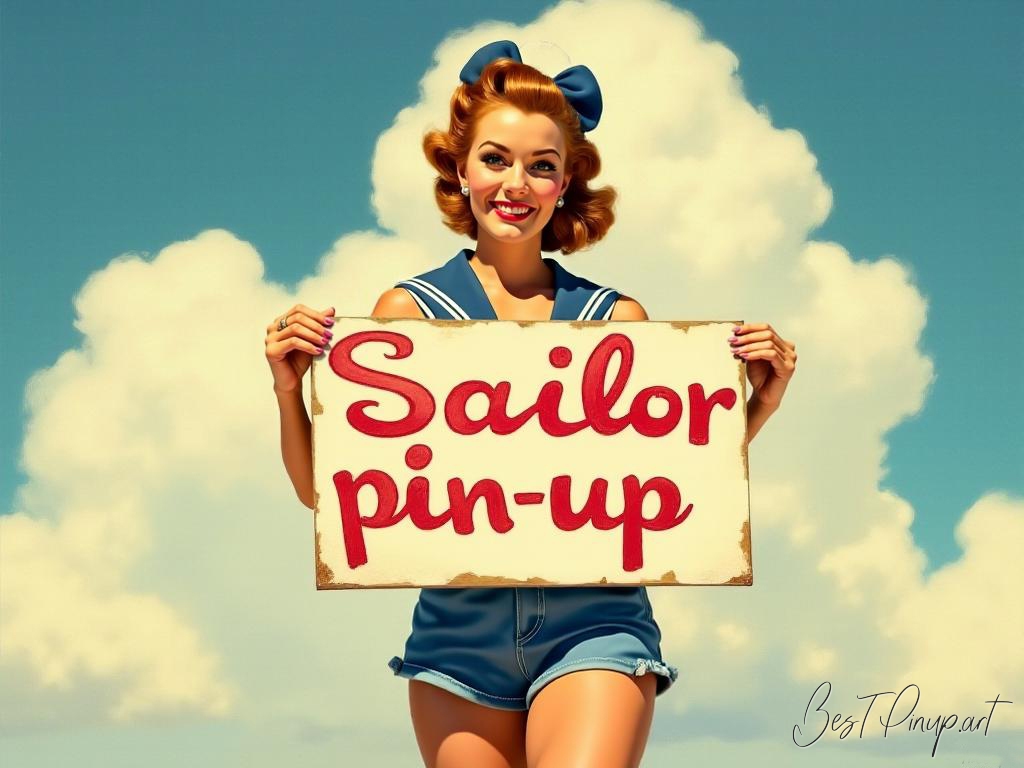 Pin-up girl showcasing a sign with sailor pin-up theme