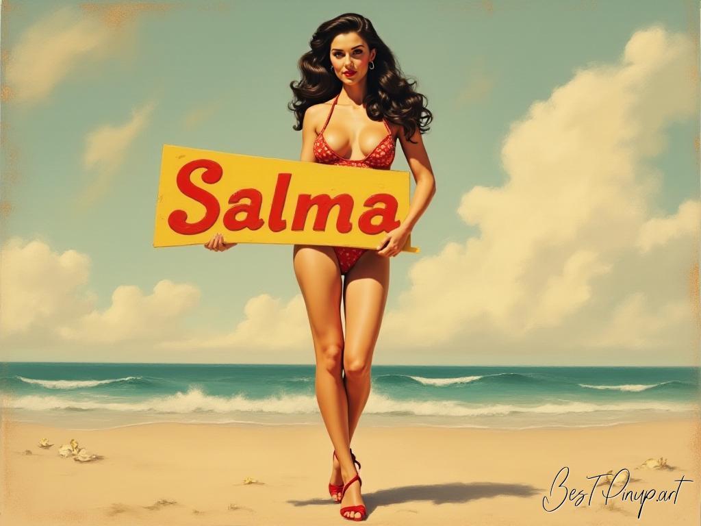 Pin-up girl showcasing a sign with Salma theme