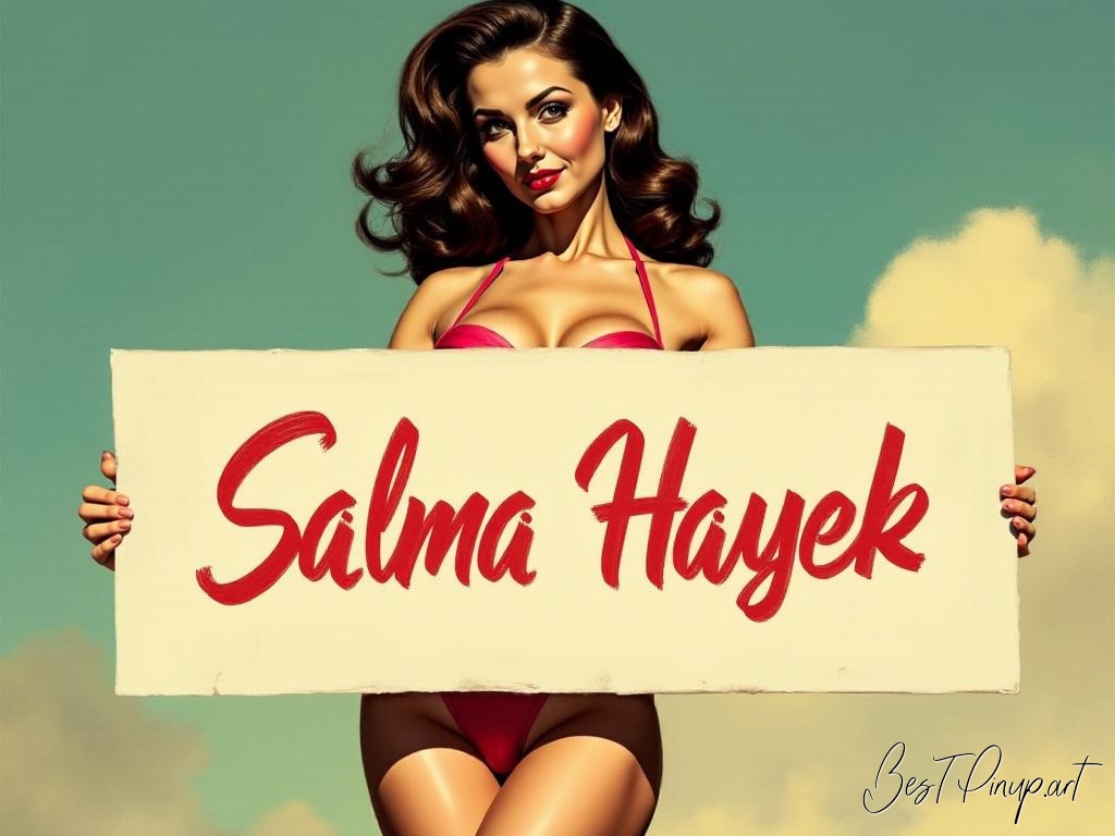 Pin-up girl showcasing a sign with Salma Hayek theme
