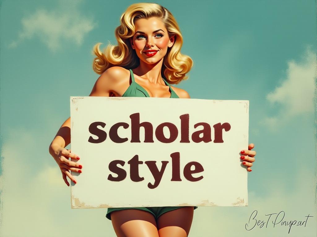 Pin-up girl showcasing a sign with scholar style theme