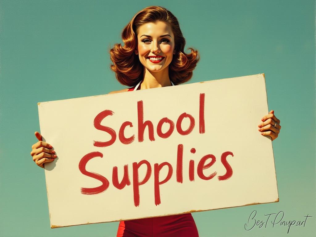 Pin-up girl showcasing a sign with school supplies theme