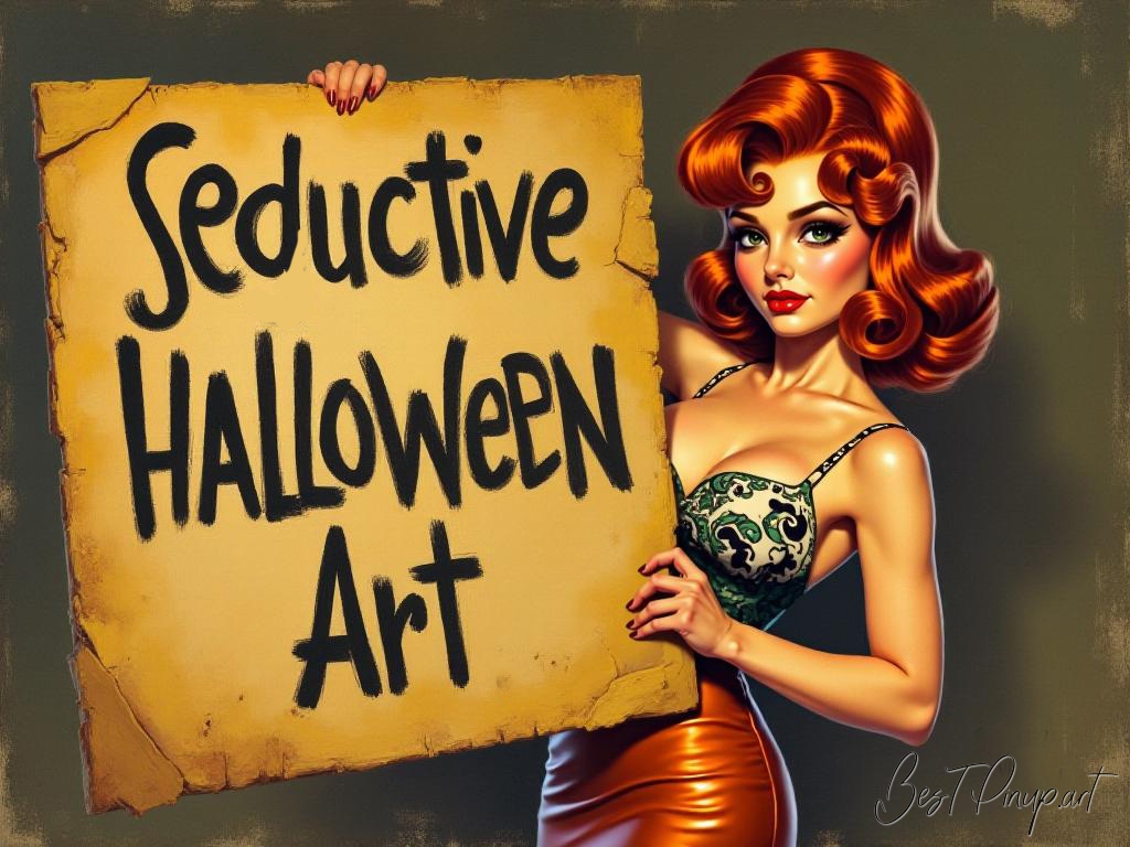 Pin-up girl showcasing a sign with seductive Halloween art theme