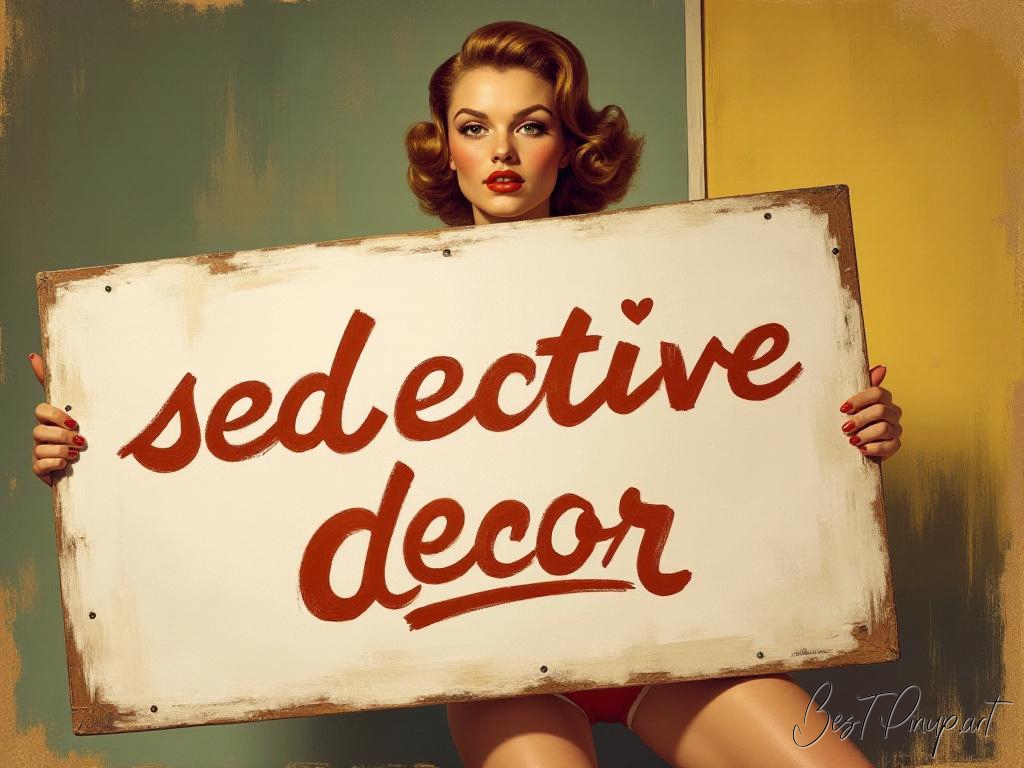 Pin-up girl showcasing a sign with seductive decor theme
