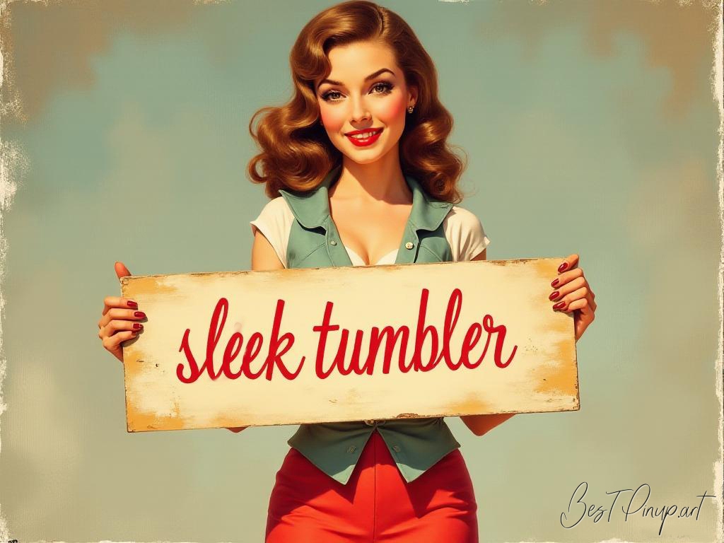 Pin-up girl showcasing a sign with sleek tumbler theme