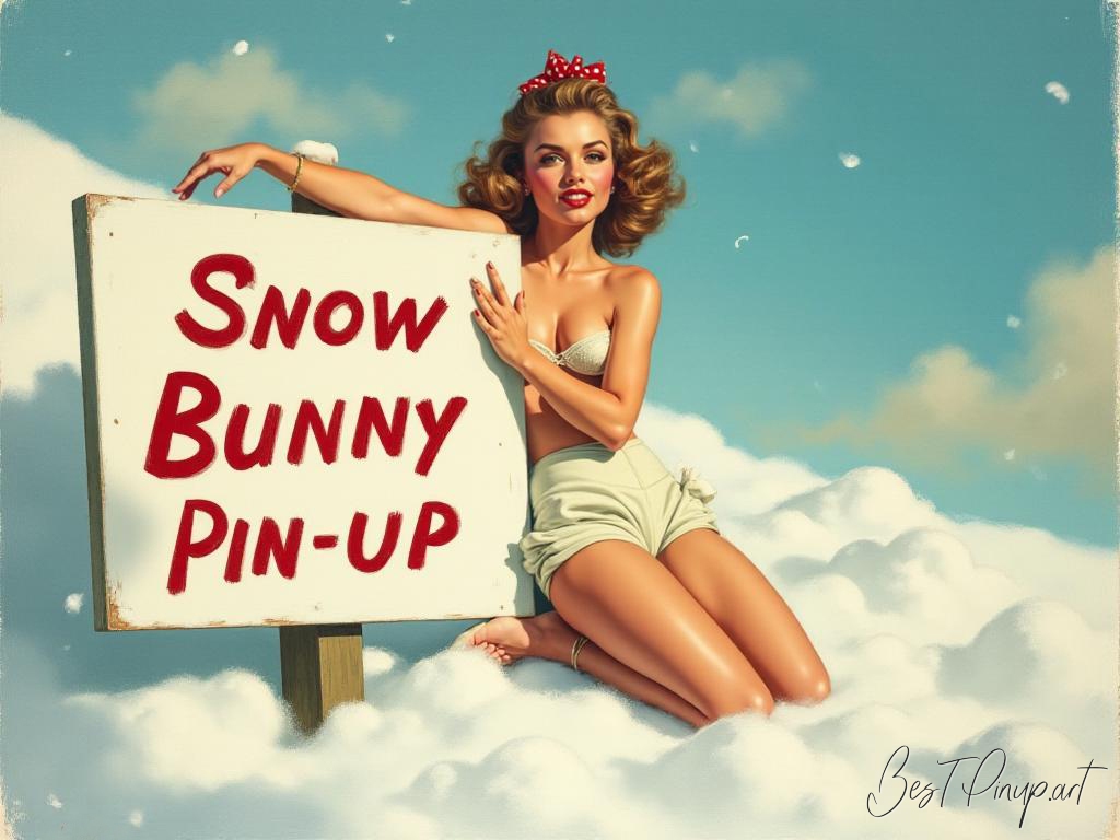 Pin-up girl showcasing a sign with snow bunny pin-up theme