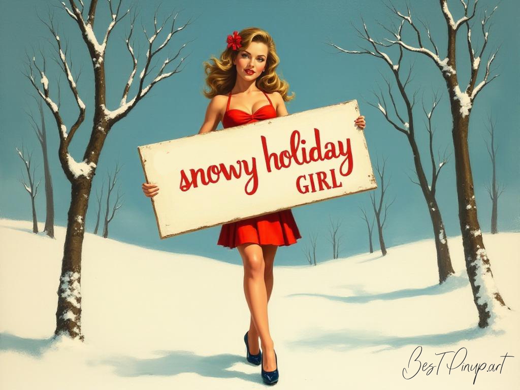 Pin-up girl showcasing a sign with snowy holiday girl theme