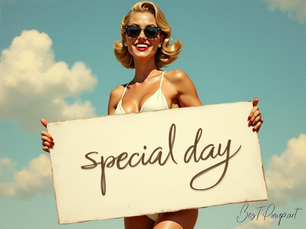Pin-up girl showcasing a sign with special day theme