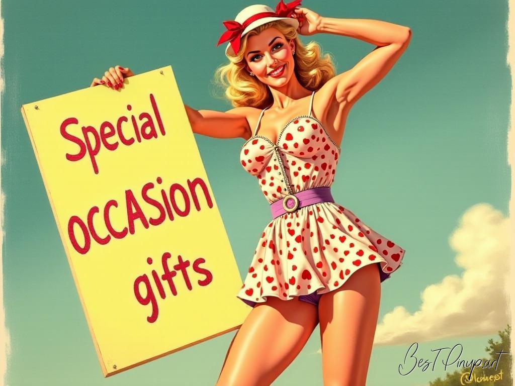 Pin-up girl showcasing a sign with special occasion gifts theme