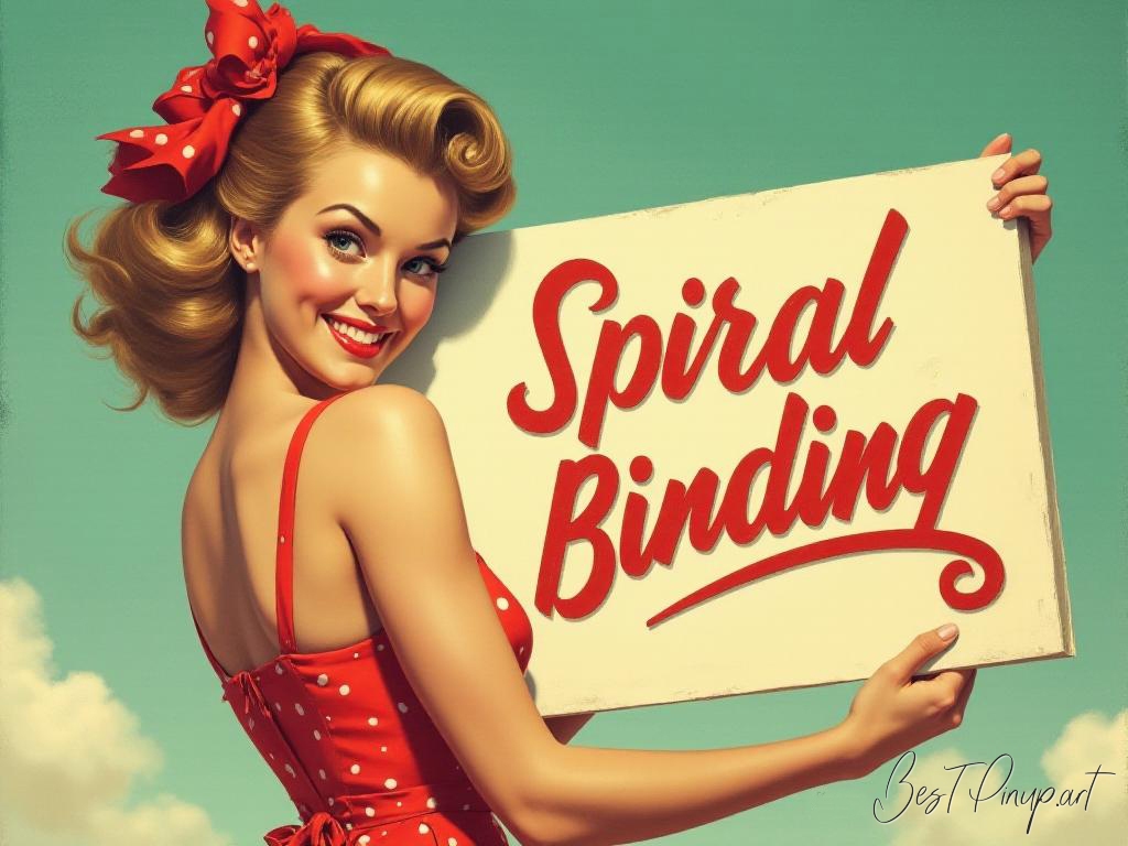 Pin-up girl showcasing a sign with spiral binding theme