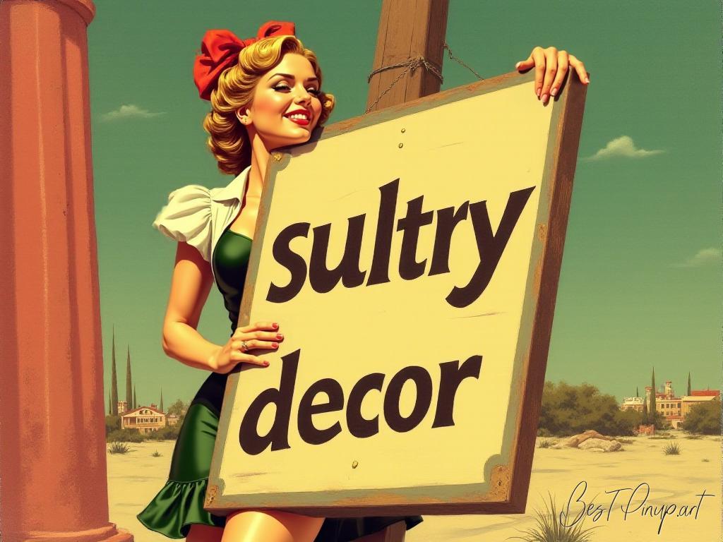 Pin-up girl showcasing a sign with sultry decor theme