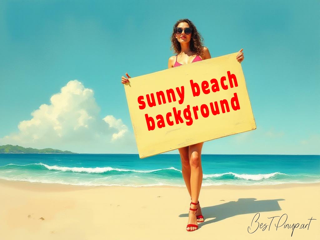 Pin-up girl showcasing a sign with sunny beach background theme