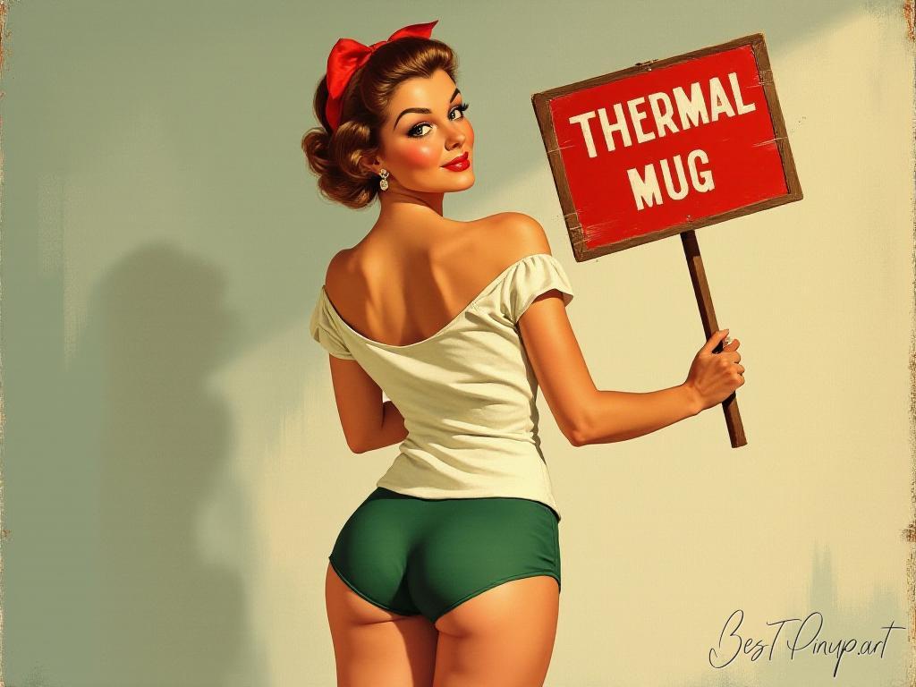 Pin-up girl showcasing a sign with thermal mug theme
