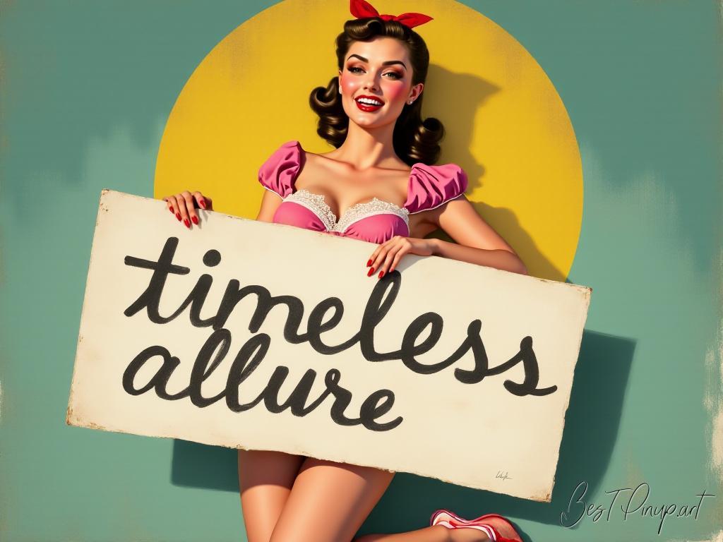 Pin-up girl showcasing a sign with timeless allure theme