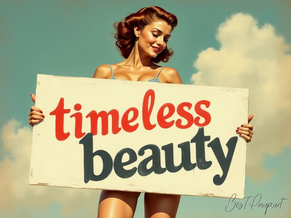 Pin-up girl showcasing a sign with timeless beauty theme