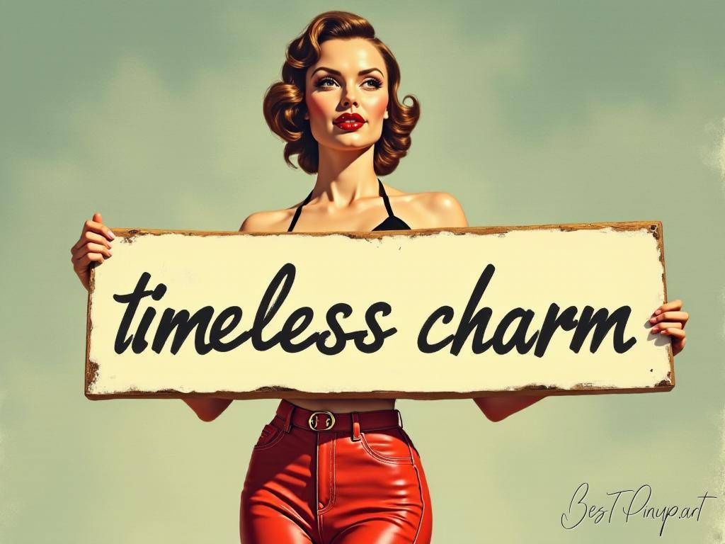 Pin-up girl showcasing a sign with timeless charm theme