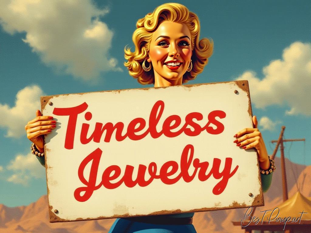 Pin-up girl showcasing a sign with timeless jewelry theme
