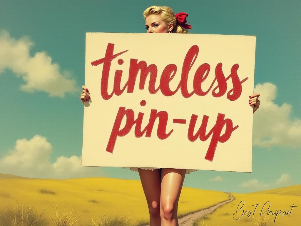 Pin-up girl showcasing a sign with timeless pin-up theme