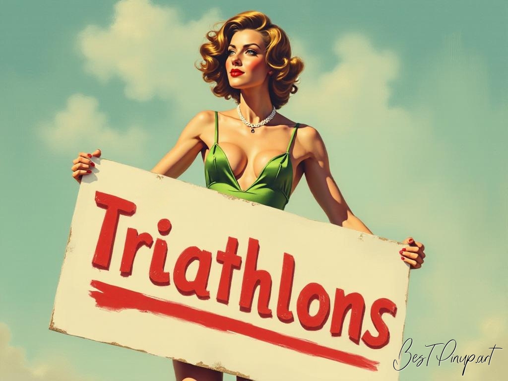 Pin-up girl showcasing a sign with triathlons theme