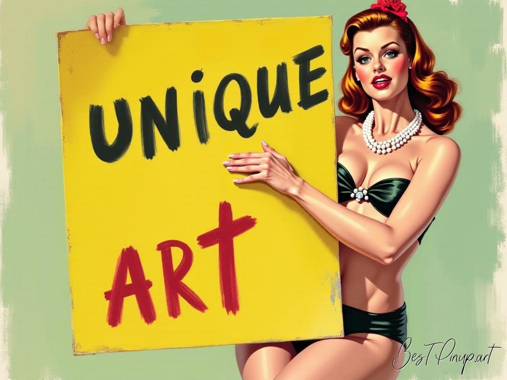 Pin-up girl showcasing a sign with unique art theme