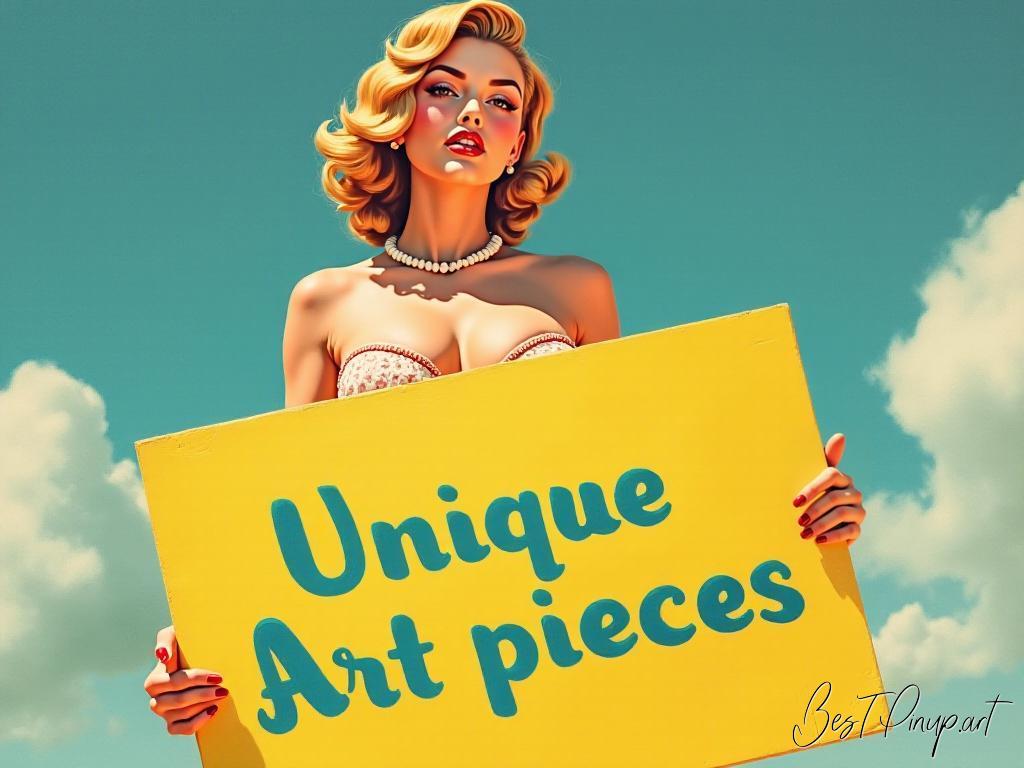 Pin-up girl showcasing a sign with unique art pieces theme