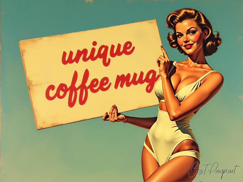 Pin-up girl showcasing a sign with unique coffee mug theme