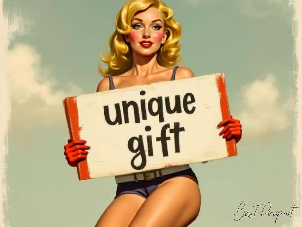 Pin-up girl showcasing a sign with unique gift theme