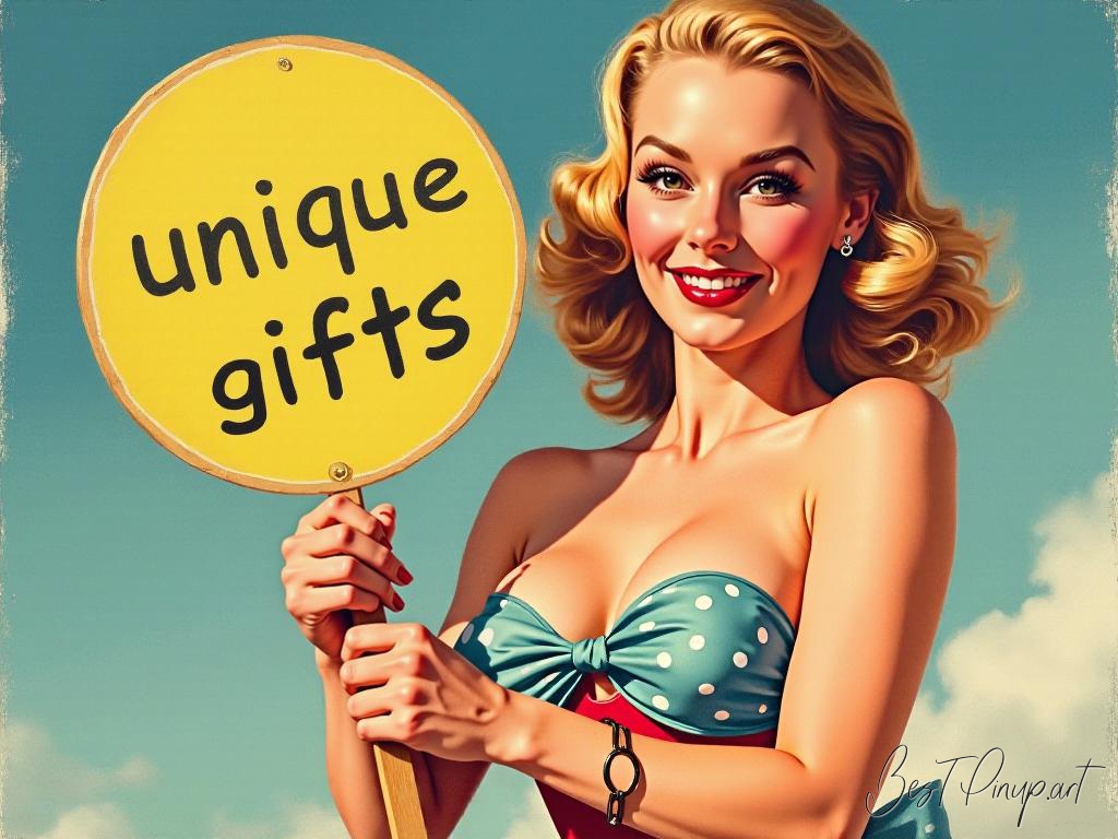 Pin-up girl showcasing a sign with unique gifts theme