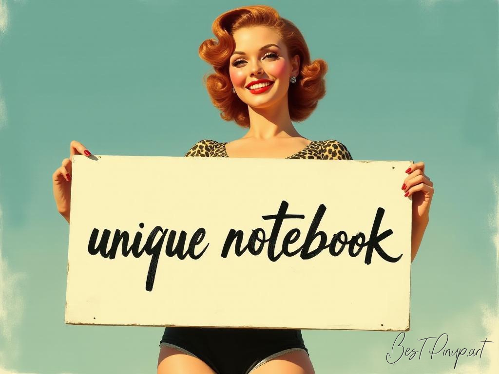Pin-up girl showcasing a sign with unique notebook theme