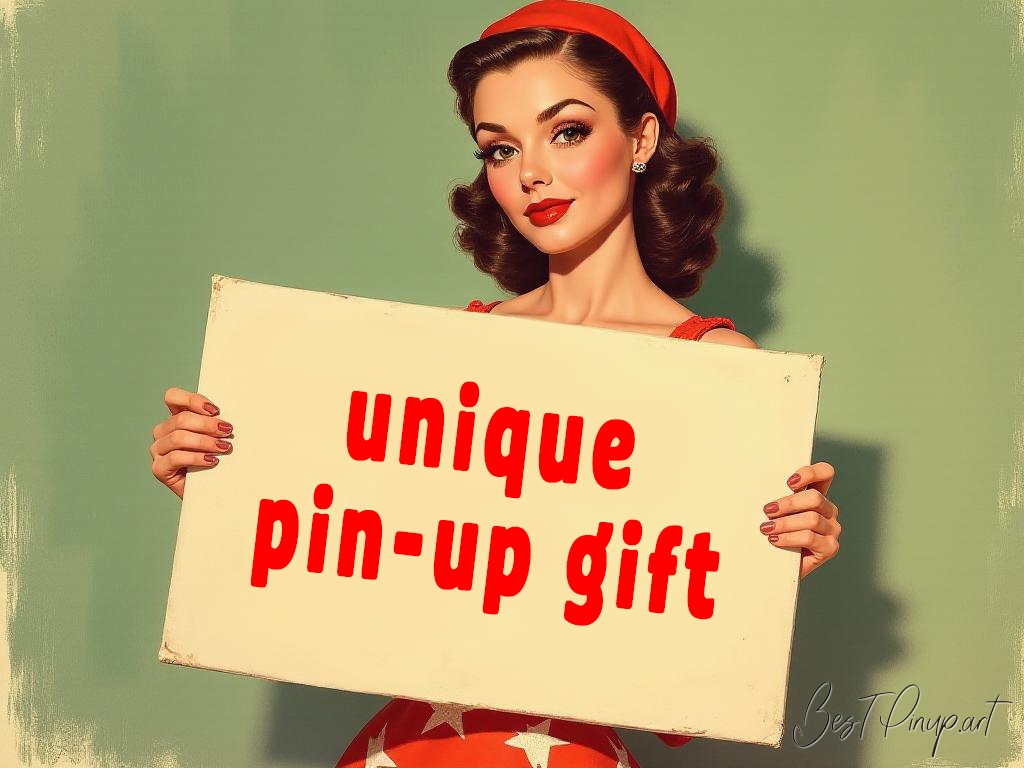Pin-up girl showcasing a sign with unique pin-up gift theme