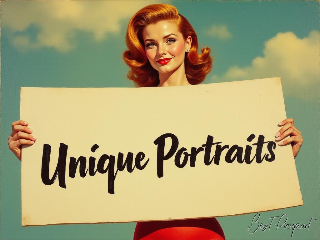 Pin-up girl showcasing a sign with unique portraits theme
