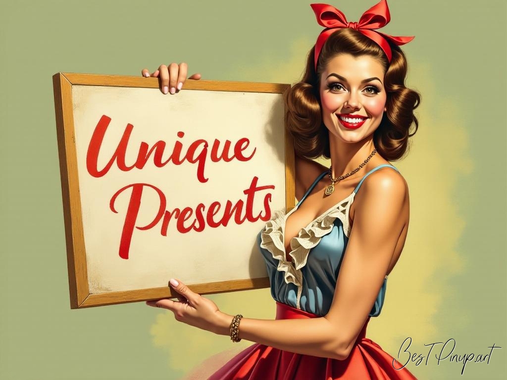 Pin-up girl showcasing a sign with unique presents theme