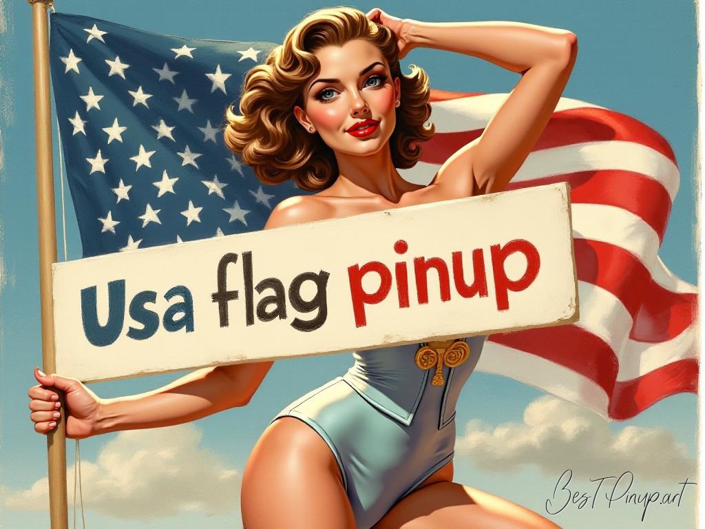 Pin-up girl showcasing a sign with usa flag pinup theme