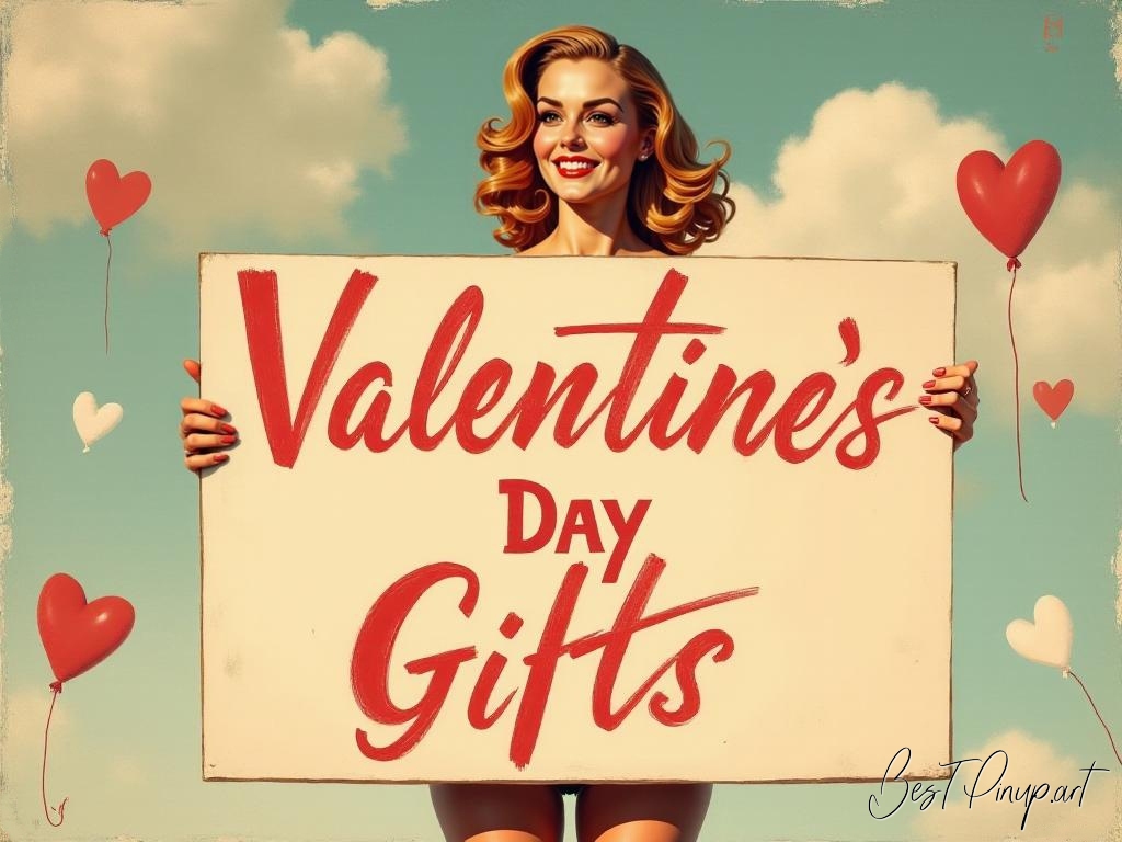 Pin-up girl showcasing a sign with Valentine's Day gifts theme