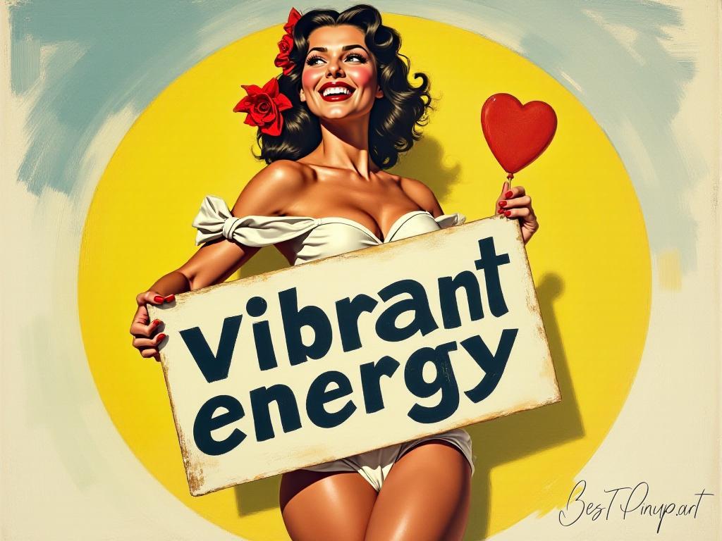 Pin-up girl showcasing a sign with vibrant energy theme